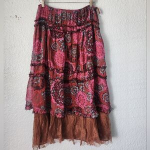 Silk Bohemian Chic Floral Pink and Brown Midi Skirt